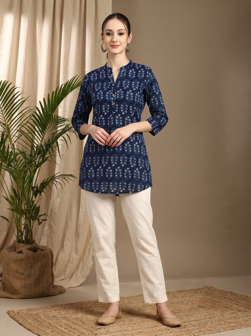 Indigo Blue Ethnic Motif Print Straight Short Kurtis