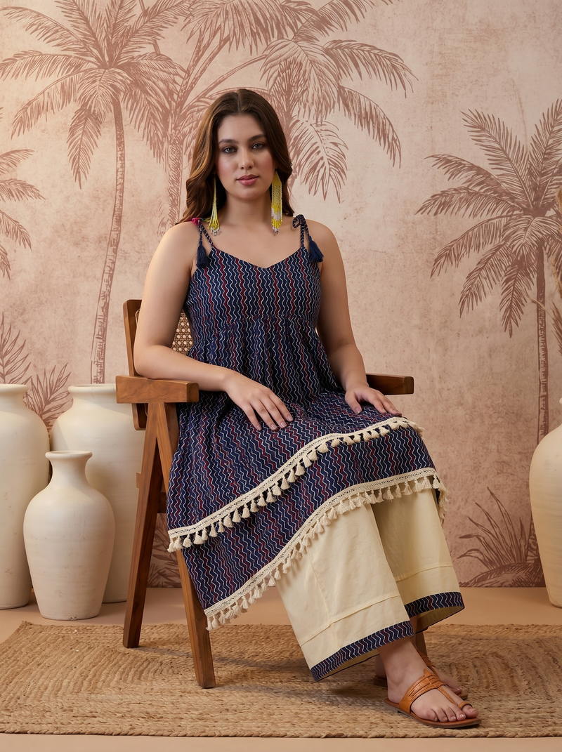 Firozi Floral Print Shoulder Straps A-Line Kurta With Palazzo Kurta Set