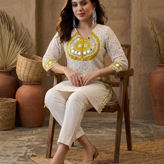Cotton Schiffle & Mirror Work Tunic With Trouser Co-Ords Set