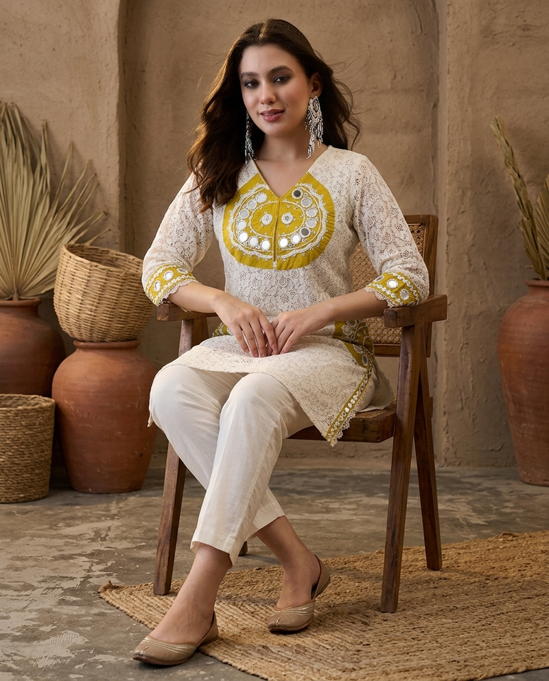 Cotton Schiffle & Mirror Work Tunic With Trouser Co-Ords Set