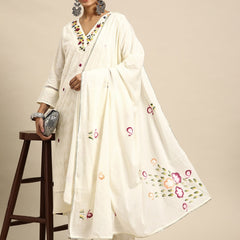 Off White Embroidered  Pure Cotton Kurta with Trousers & Dupatta