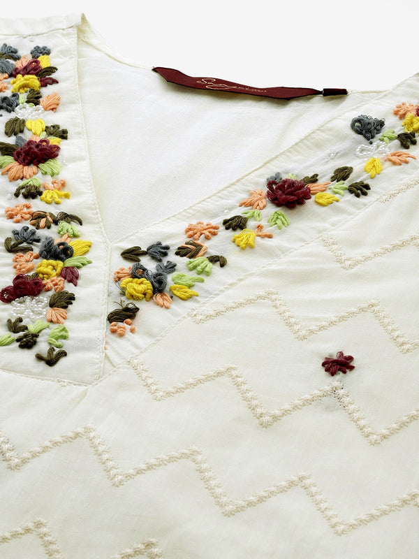 Off White Embroidered  Pure Cotton Kurta with Trousers & Dupatta