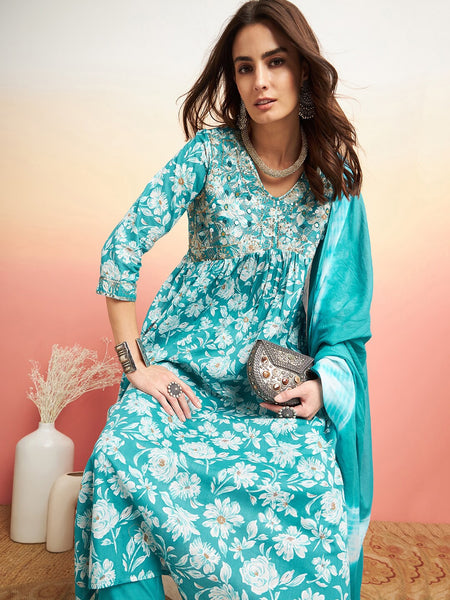 Floral Printed Thread Work Pure Cotton A-Line Kurta & Trousers With Dupatta