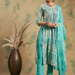Floral Printed Thread Work Pure Cotton A-Line Kurta & Trousers With Dupatta