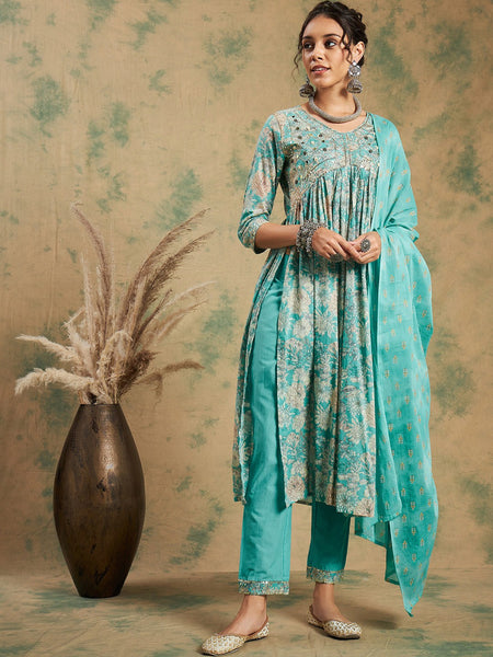 Floral Printed Thread Work Pure Cotton A-Line Kurta & Trousers With Dupatta