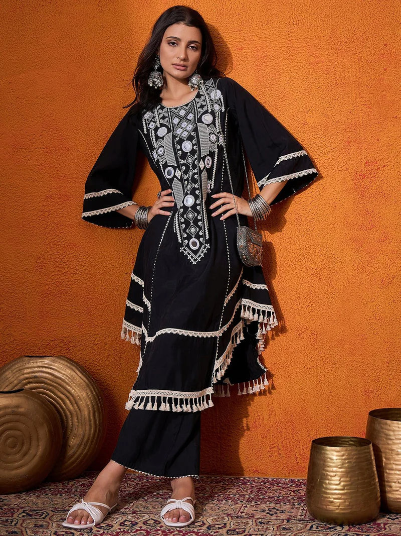 Floral Embroidered Regular Mirror Work A-Line Kurta with Palazzo