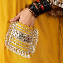 Paisley Embroidered V-Neck Mirror Work Kaftan With Trousers