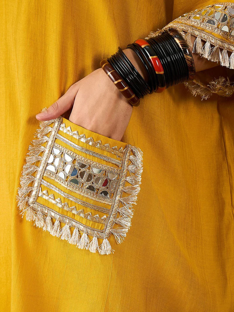 Embroidered  V-Neck Mirror work Kaftan With Trousers