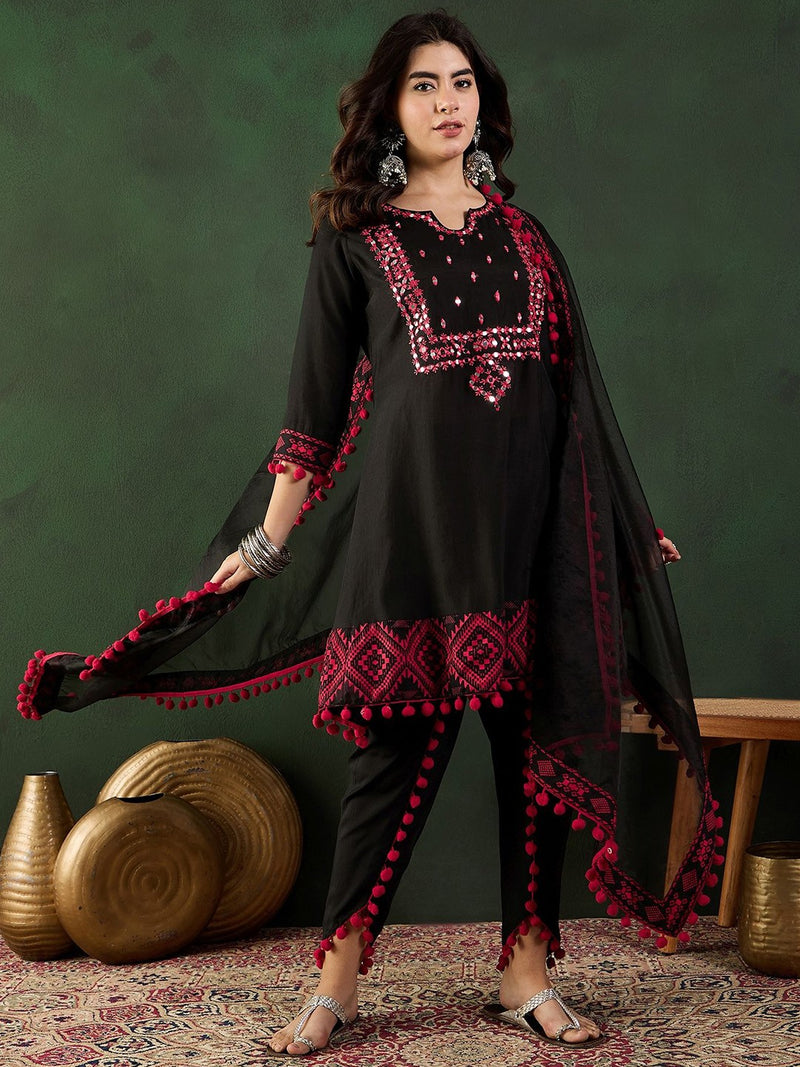 Floral Printed Mirror Work Pure Cotton Kurta With Dhoti Pant & Dupatta
