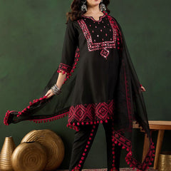 Floral Printed Mirror Work Pure Cotton Kurta With Dhoti Pant & Dupatta