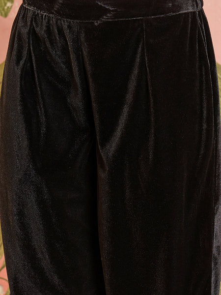 Black Embroidered Velvet V-Neck Tunic & Trousers Co-Ords