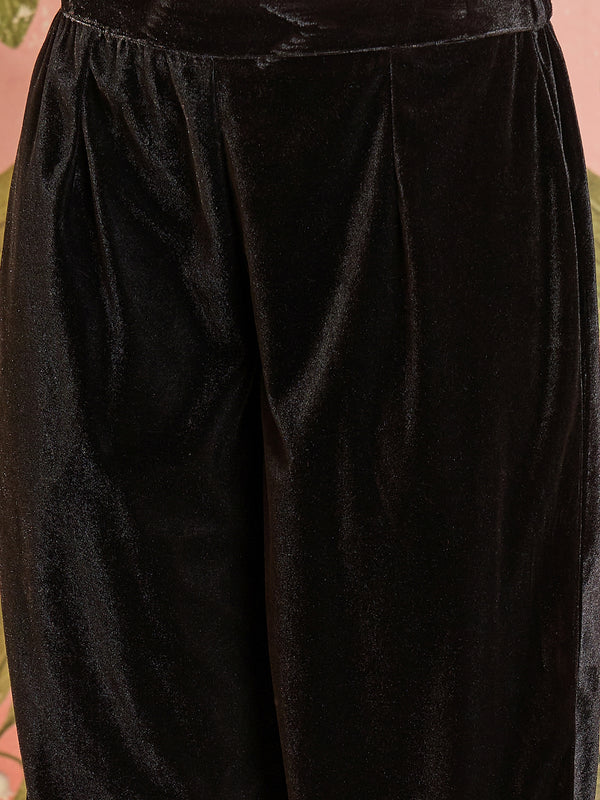 Black Embroidered Velvet V-Neck Tunic & Trousers Co-Ords
