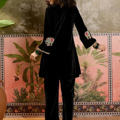 Black Embroidered Velvet V-Neck Tunic & Trousers Co-Ords
