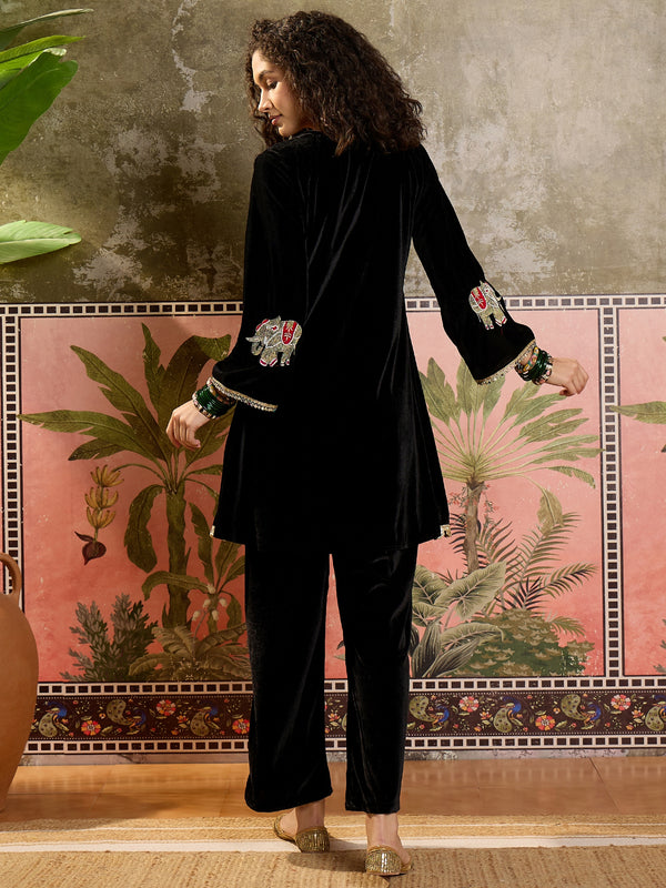 Black Embroidered Velvet V-Neck Tunic & Trousers Co-Ords