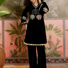 Black Embroidered Velvet V-Neck Tunic & Trousers Co-Ords