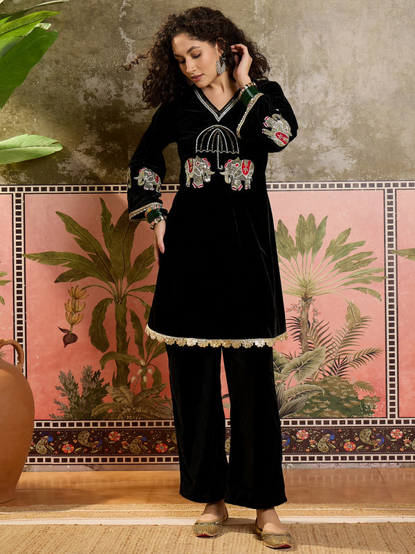 Black Embroidered Velvet V-Neck Tunic & Trousers Co-Ords