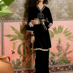 Black Embroidered Velvet V-Neck Tunic & Trousers Co-Ords
