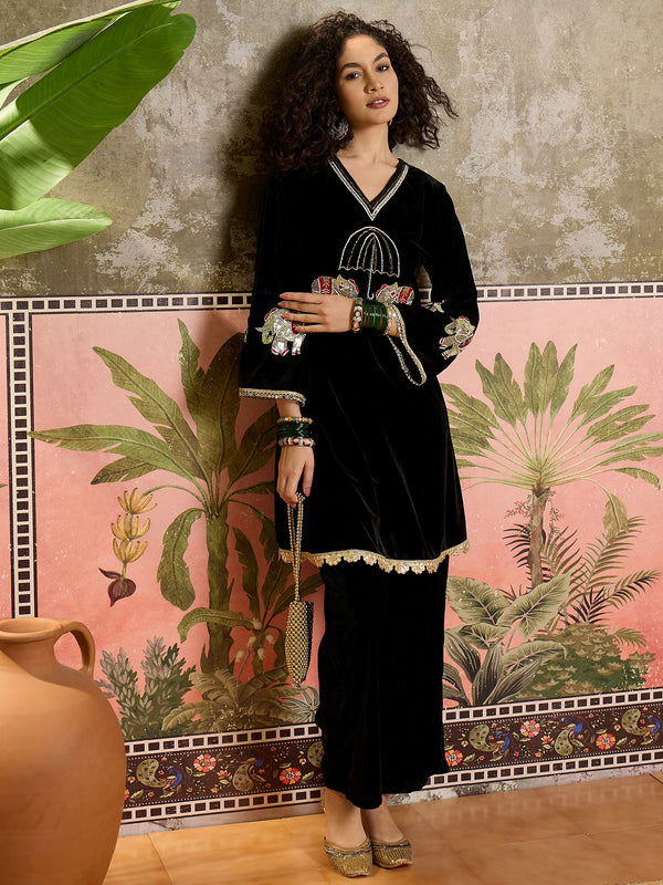 Black Embroidered Velvet V-Neck Tunic & Trousers Co-Ords