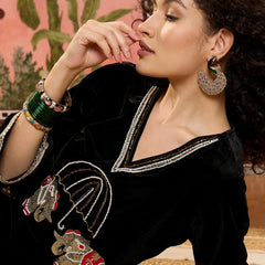 Black Embroidered Velvet V-Neck Tunic & Trousers Co-Ords