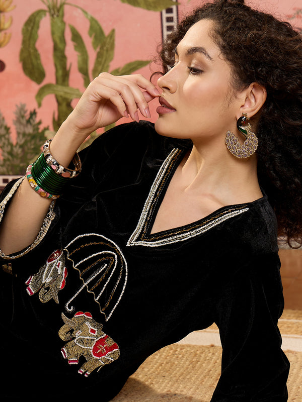 Black Embroidered Velvet V-Neck Tunic & Trousers Co-Ords
