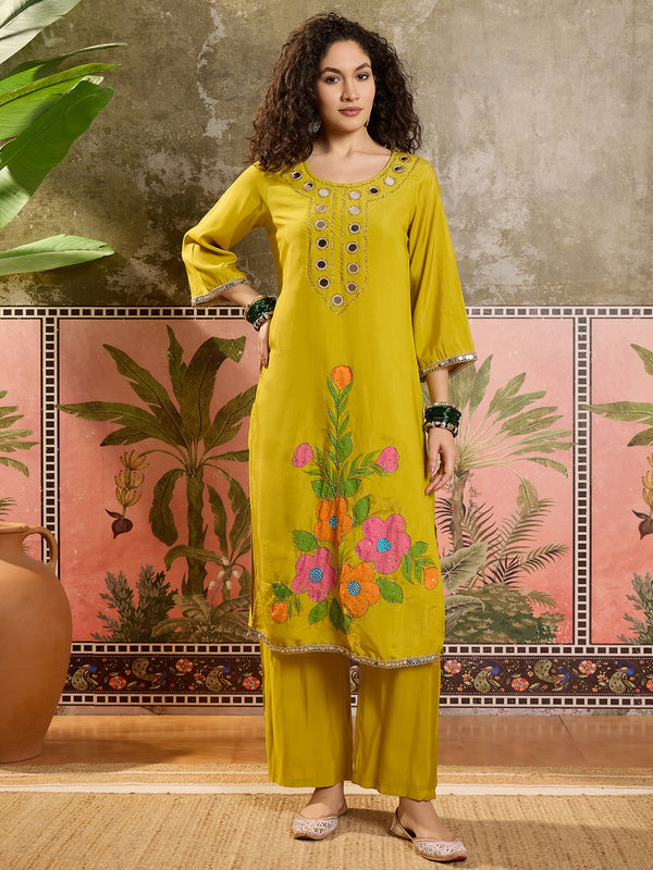 Floral Embroidered Straight Kurta With Trouser & Dupatta Kurta Set
