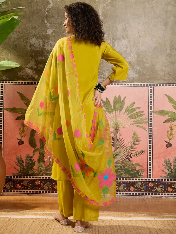 Floral Embroidered Straight Kurta With Trouser & Dupatta Kurta Set