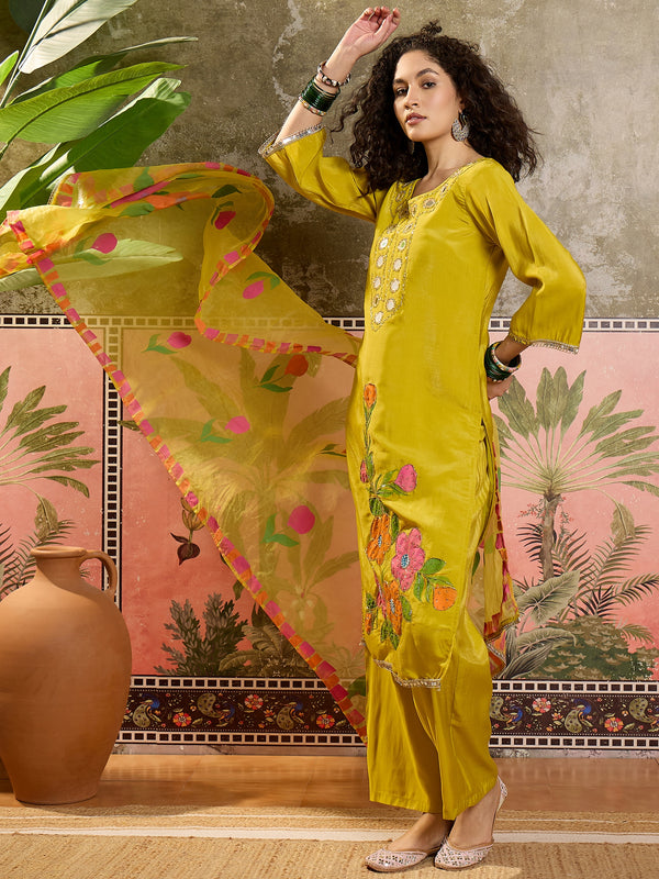 Floral Embroidered Straight Kurta With Trouser & Dupatta Kurta Set