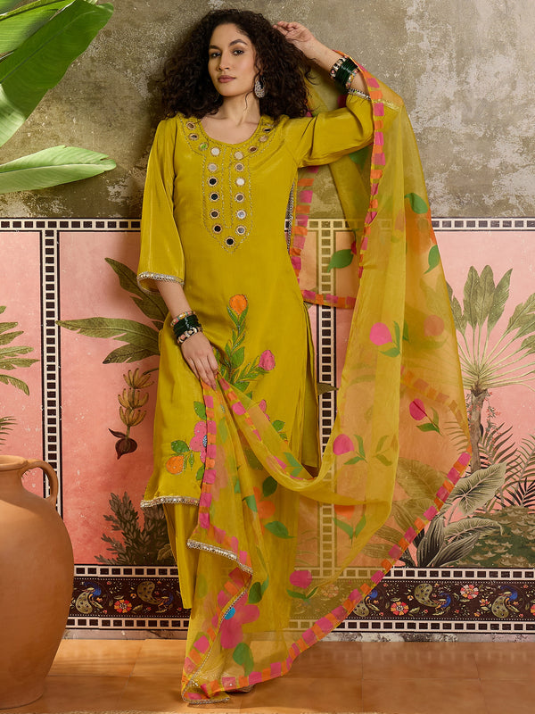 Floral Embroidered Straight Kurta With Trouser & Dupatta Kurta Set