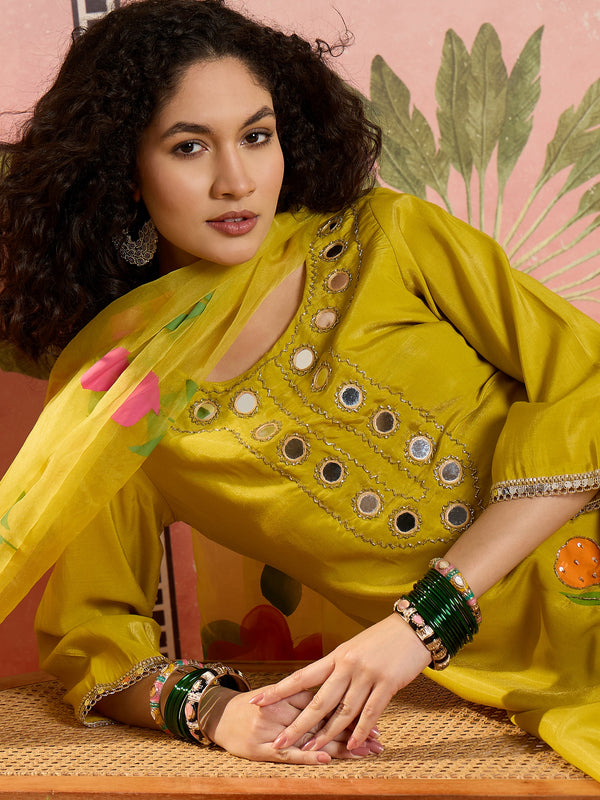 Floral Embroidered Straight Kurta With Trouser & Dupatta Kurta Set