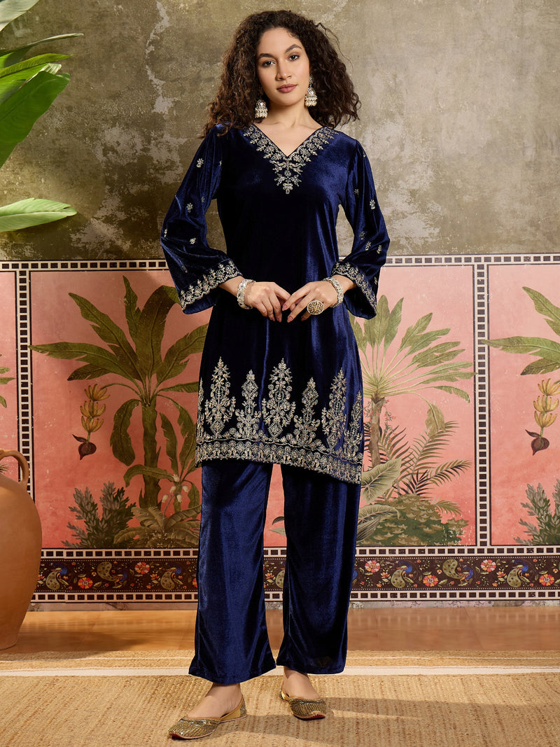 Embroidered Velvet  Straight Kurta With Trouser & Dupatta Kurta Set