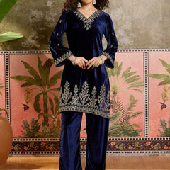 Embroidered Velvet  Straight Kurta With Trouser & Dupatta Kurta Set
