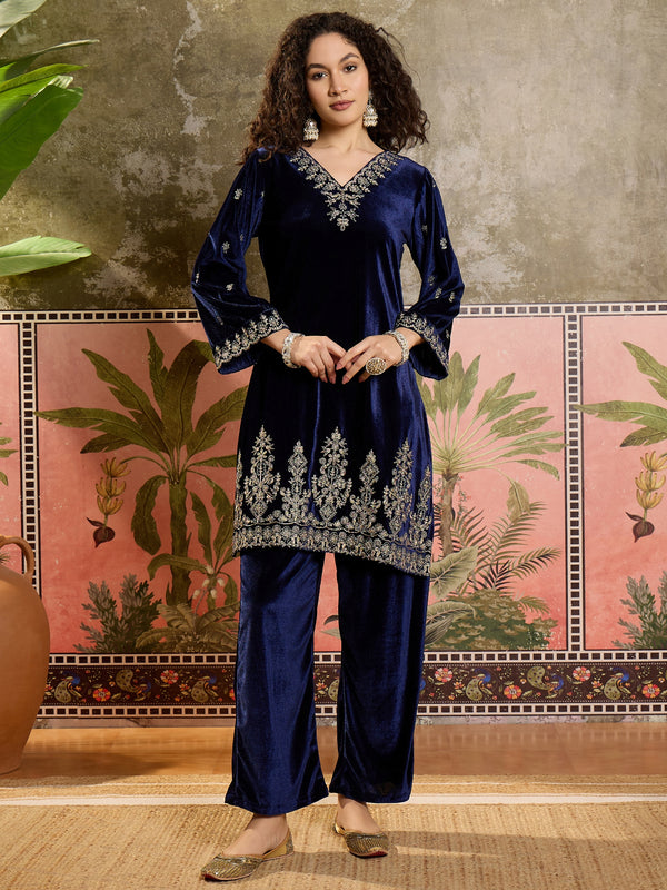 Embroidered Velvet  Straight Kurta With Trouser & Dupatta Kurta Set