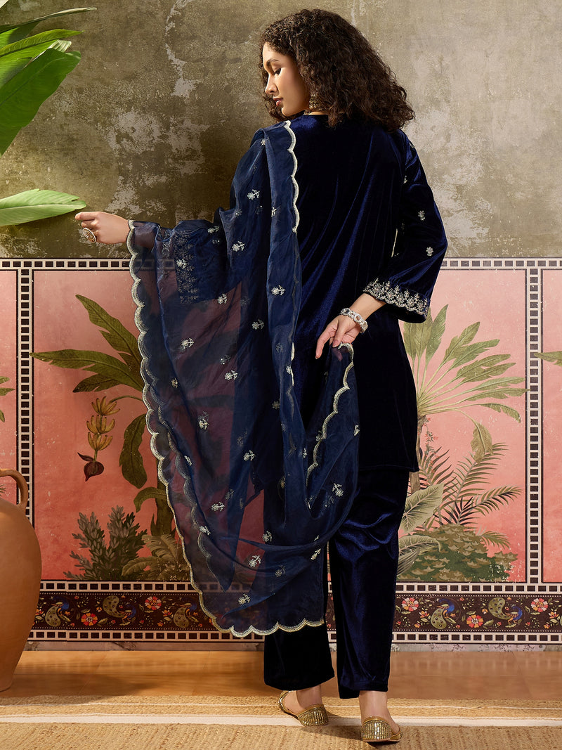 Embroidered Velvet  Straight Kurta With Trouser & Dupatta Kurta Set