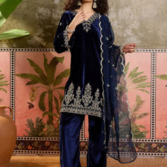 Embroidered Velvet  Straight Kurta With Trouser & Dupatta Kurta Set