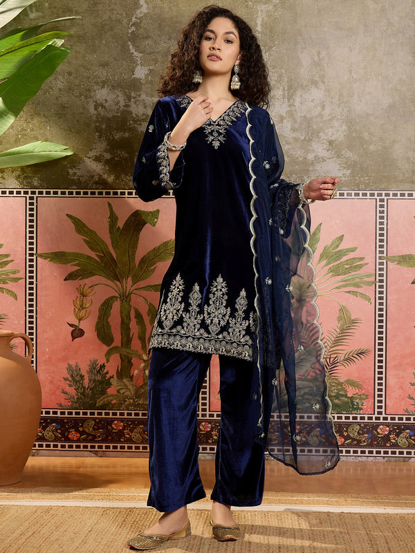 Embroidered Velvet  Straight Kurta With Trouser & Dupatta Kurta Set