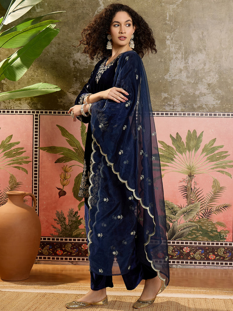 Embroidered Velvet  Straight Kurta With Trouser & Dupatta Kurta Set