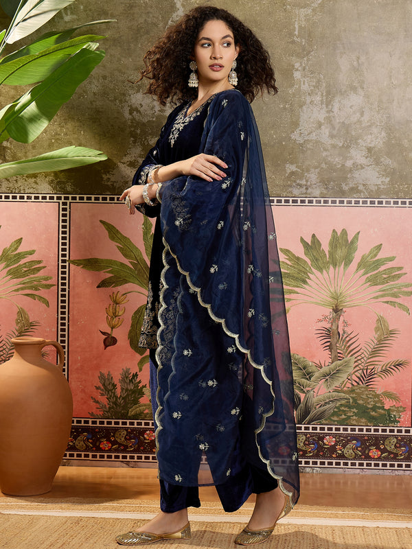 Embroidered Velvet  Straight Kurta With Trouser & Dupatta Kurta Set
