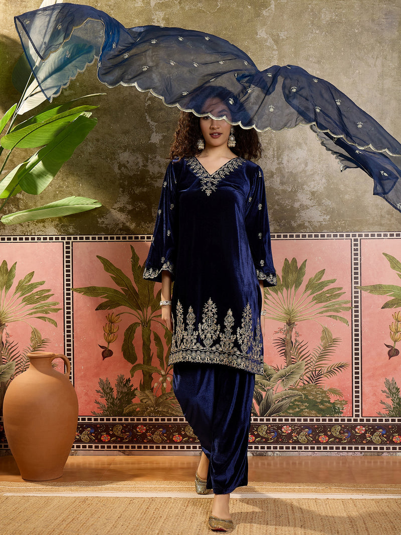 Embroidered Velvet  Straight Kurta With Trouser & Dupatta Kurta Set