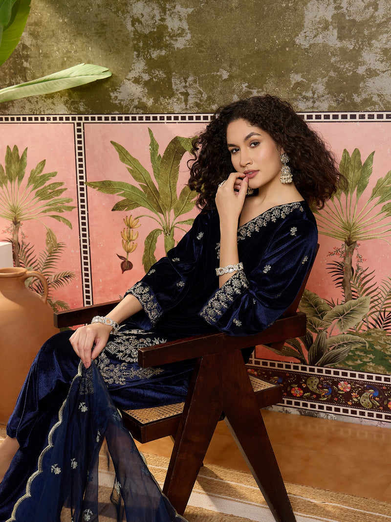 Embroidered Velvet  Straight Kurta With Trouser & Dupatta Kurta Set