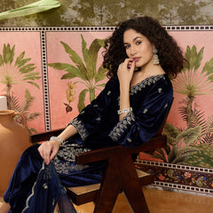 Embroidered Velvet  Straight Kurta With Trouser & Dupatta Kurta Set
