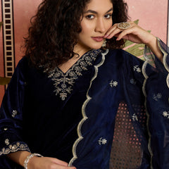 Embroidered Velvet  Straight Kurta With Trouser & Dupatta Kurta Set