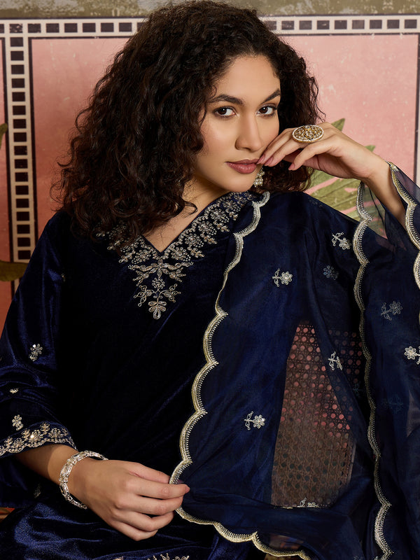 Embroidered Velvet  Straight Kurta With Trouser & Dupatta Kurta Set