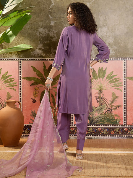 Floral Embroidered Straight Kurta With Trouser & Dupatta Kurta Set