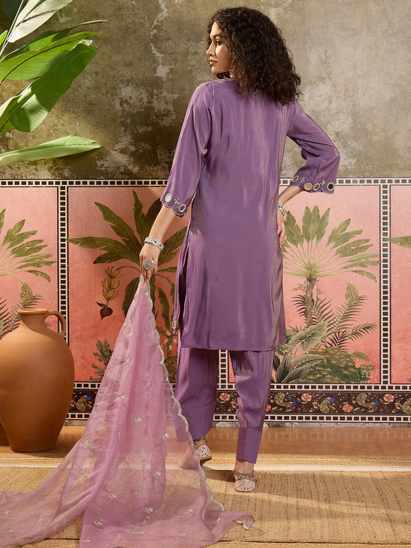 Floral Embroidered Straight Kurta With Trouser & Dupatta Kurta Set