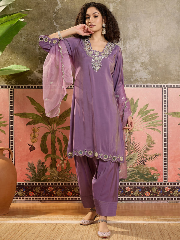 Floral Embroidered Straight Kurta With Trouser & Dupatta Kurta Set