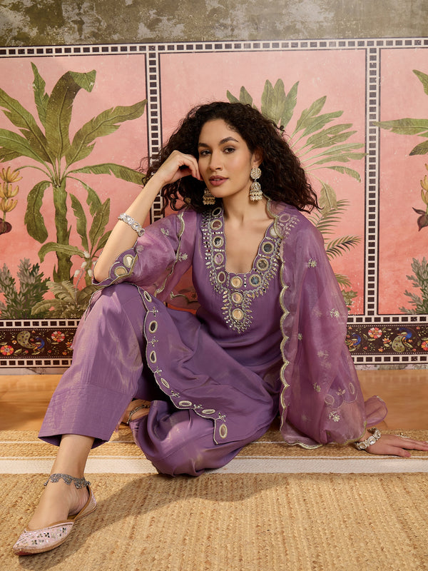 Floral Embroidered Straight Kurta With Trouser & Dupatta Kurta Set