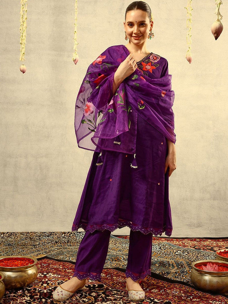 Mirror & Thread Embroidered Festive Kurta With Trouser & Dupatta Kurta Set