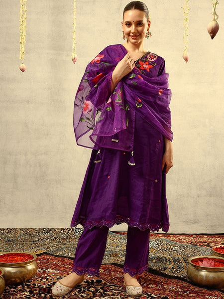 Mirror & Thread Embroidered Festive Kurta With Trouser & Dupatta Kurta Set