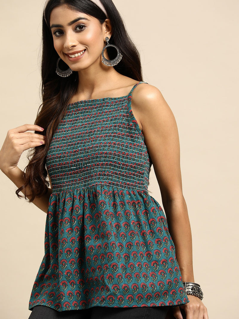 Floral Printed Smocked Cotton A-Line Top