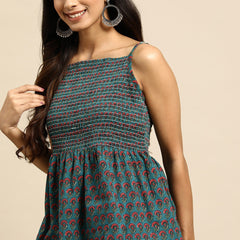 Floral Printed Smocked Cotton A-Line Top